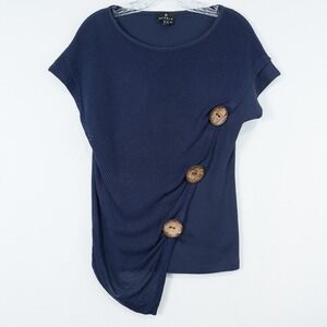 Marble Asymmetric Mesh Overlay Short‎ Sleeve Top Small Navy Blue Buttons Artsy